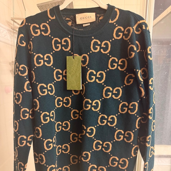 NEW with tags Gucci Green and Gold Monogram Sweater, Size Men’s Medium - Picture 1 of 8
